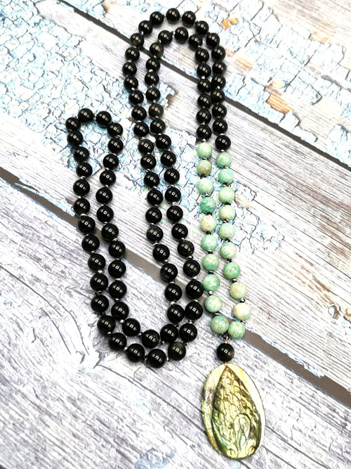 Unique mala in amazonite and silver obsidian 108 bead with labradorite peacock pendant |gemstone/crystal jewelry/necklace |Mother's Day/Birthday gift