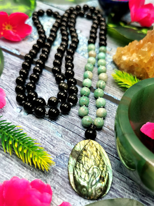 Unique mala in amazonite and silver obsidian 108 bead with labradorite peacock pendant |gemstone/crystal jewelry/necklace |Mother's Day/Birthday gift