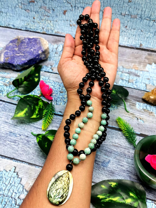 Unique mala in amazonite and silver obsidian 108 bead with labradorite peacock pendant |gemstone/crystal jewelry/necklace |Mother's Day/Birthday gift