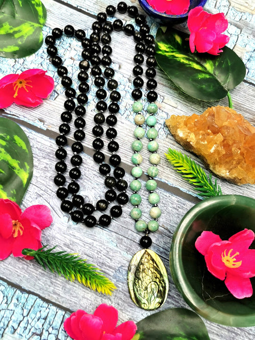 Unique mala in amazonite and silver obsidian 108 bead with labradorite peacock pendant |gemstone/crystal jewelry/necklace |Mother's Day/Birthday gift