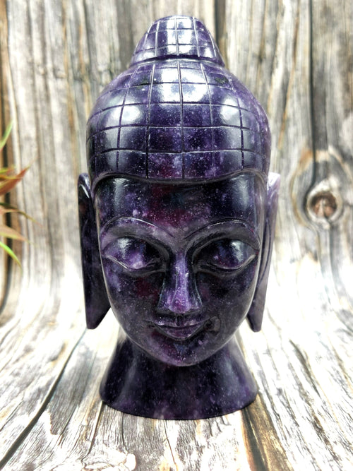 Buddha face / head in lepiodolite gemstone - handmade carving of serene and meditating Lord Buddha - crystal home decor - 6 inches and 1.51 kg (3.32 lb)