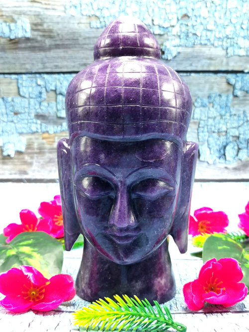 Buddha Head in Lepidolite - handmade carving of serene and meditating Lord Buddha - crystal home decor - 7 inches and 1.80 kg (3.96 lb)