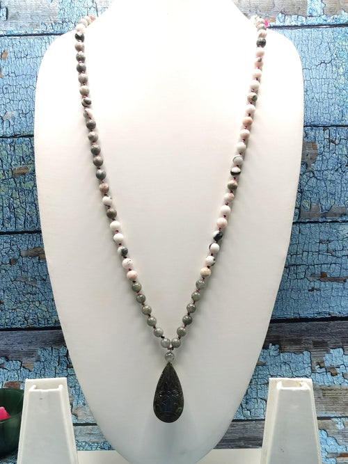 Unique multi-stone 108 bead necklace with labradorite floral pendant | gemstone/crystal jewelry | Mother's Day/Anniversary/Birthday gift