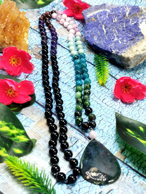 Exquisite multi-stone 108 bead necklace / mala with moss agate pendant | gemstone/crystal jewelry | Mother's Day/Anniversary/Engagement/Birthday gift