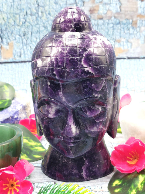 Lepidolite gemstone Buddha Head - handmade carving of serene and meditating Lord Buddha - crystal home decor - 6 inches and 1.37 kg (3.01 lb)