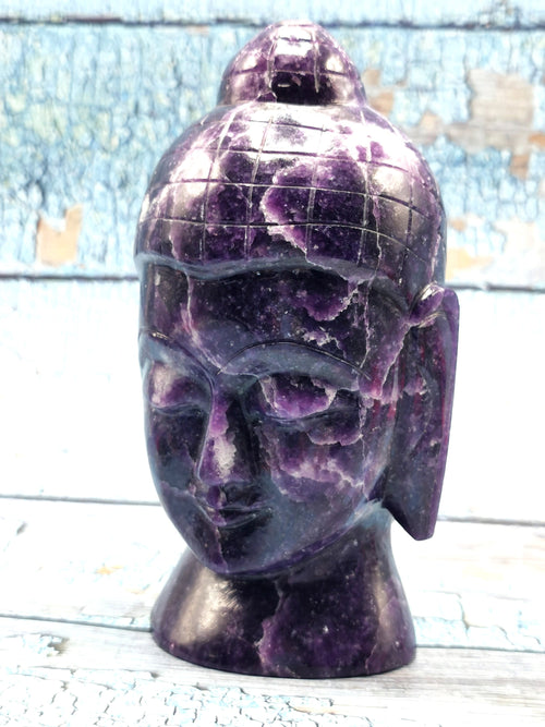 Lepidolite gemstone Buddha Head - handmade carving of serene and meditating Lord Buddha - crystal home decor - 6 inches and 1.37 kg (3.01 lb)