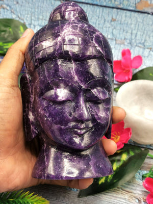 Lepidolite gemstone Buddha Head - handmade carving of serene and meditating Lord Buddha - crystal home decor - 6 inches and 1.37 kg (3.01 lb)