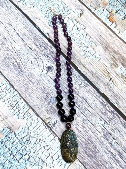 Unique black onyx and amethyst necklace with labradorite floral pendant | gemstone/crystal jewelry | Mother's Day/Birthday/Valentine's gift
