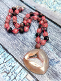 Unique black rhodonite and red cherry quartz necklace with druzy pendant | gemstone/crystal jewelry | Mother's Day/Birthday/Valentine's gift