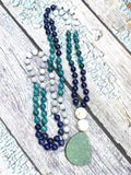 Druzy pendant 108 bead necklace with multiple gemstone beads