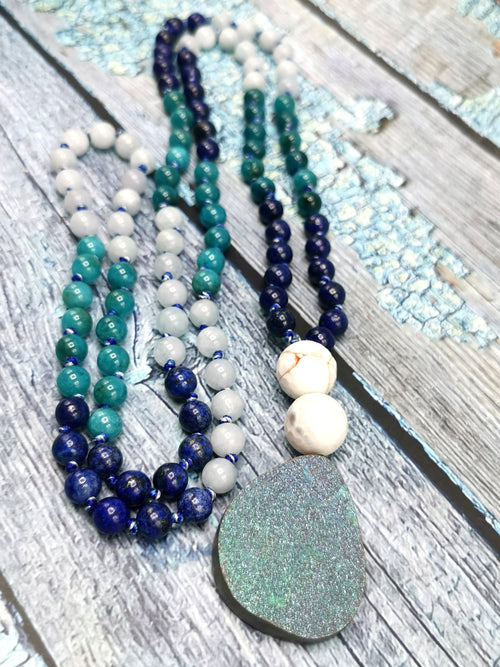 Druzy pendant 108 bead necklace with multiple gemstone beads