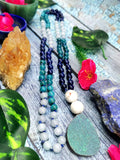 Druzy pendant 108 bead necklace with multiple gemstone beads