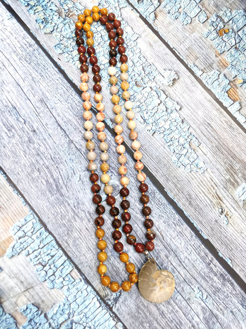 Ammonite pendant 108 bead gemstone necklace with multiple natural stones