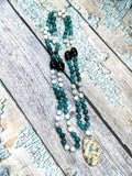 108 bead gemstone necklace with druzy pendant