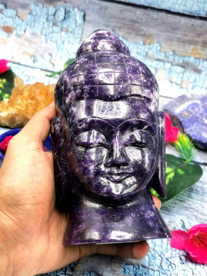 Lepidolite Buddha face handmade carving of serene and meditating Lord Buddha - crystal home decor - 7 inches and 1.53 kg (3.37 lb)