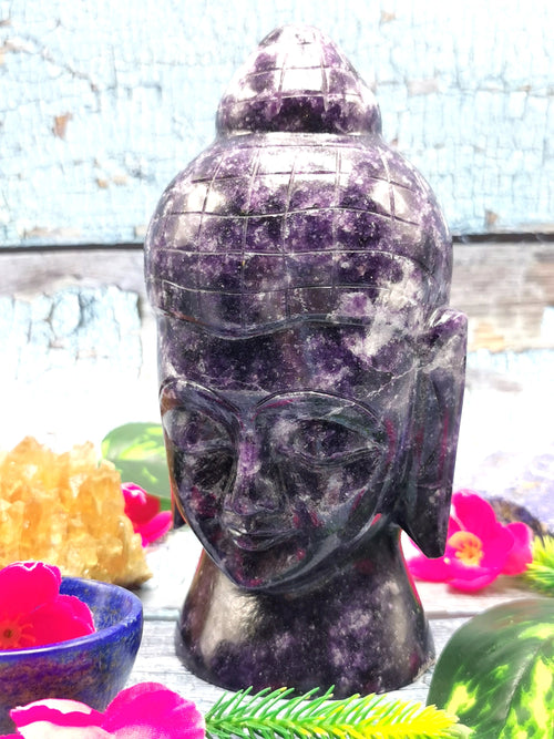 Lepidolite Buddha face handmade carving of serene and meditating Lord Buddha - crystal home decor - 7 inches and 1.53 kg (3.37 lb)