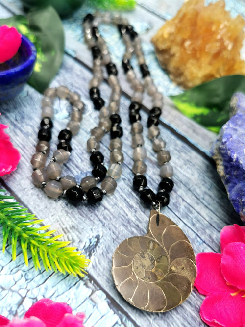 Multistone 108 bead necklace with ammonite pendant | gemstone/crystal jewelry | Mother's Day/Anniversary/Engagement/Birthday gift
