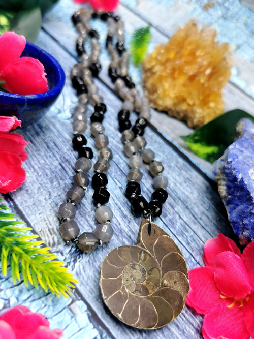 Multistone 108 bead necklace with ammonite pendant | gemstone/crystal jewelry | Mother's Day/Anniversary/Engagement/Birthday gift