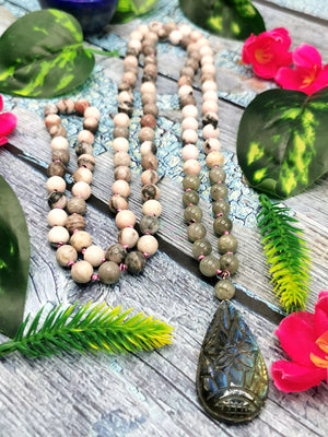 Unique multi-stone 108 bead necklace with labradorite floral pendant | gemstone/crystal jewelry | Mother's Day/Anniversary/Birthday gift