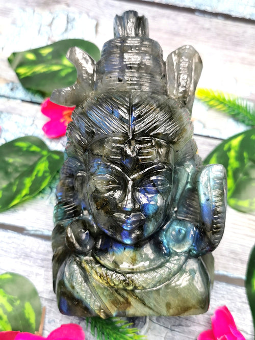 Carving of Lord Shiva made with Labradorite stone - Lord Shivshankar in crystals and gemstones | Reiki/Chakra/Healing/Energy - 6 inches and 1.16 kgs