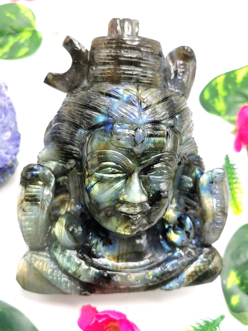 Gemstone Labradorite Shiva carving  - Lord Shivshankar in crystals and gemstones | Reiki/Chakra/Healing/Energy - 6 inches and 1.85 kgs