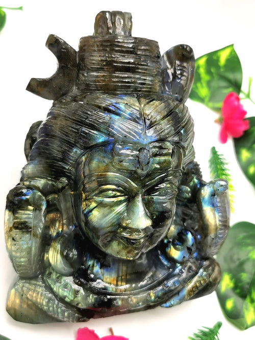 Gemstone Labradorite Shiva carving  - Lord Shivshankar in crystals and gemstones | Reiki/Chakra/Healing/Energy - 6 inches and 1.85 kgs