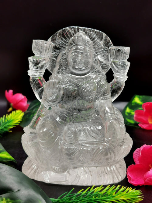 Laxmi handmade carving in clear quartz - 4.5 inches and 695 gms (1.53 lb) - Gemstone/crystal carvings for home decor