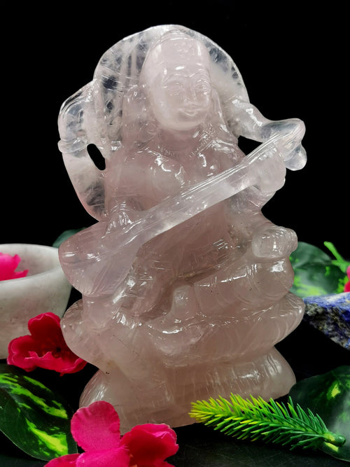 Saraswati carving in rose quartz stone - Goddess of Learning idol/statue in gemstones and crystals -6.5 in and 1.28 kgs (2.82 lb)