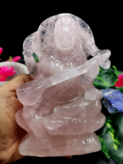 Saraswati carving in rose quartz stone - Goddess of Learning idol/statue in gemstones and crystals -6.5 in and 1.28 kgs (2.82 lb)