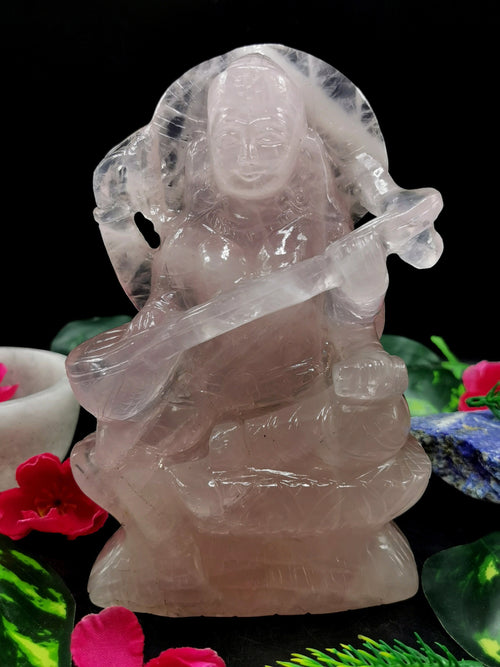 Saraswati carving in rose quartz stone - Goddess of Learning idol/statue in gemstones and crystals -6.5 in and 1.28 kgs (2.82 lb)