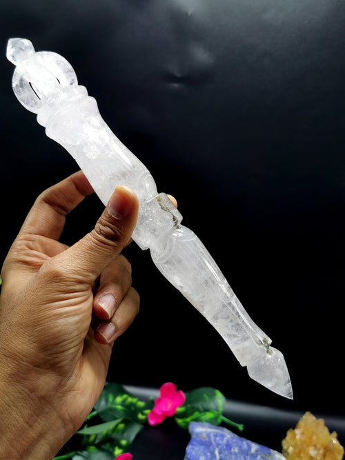 Clear Quartz (Spathik) carving of a traditional phurba - Carvings in gemstones and crystals - 10 inches and 330 gms (0.73 lb)