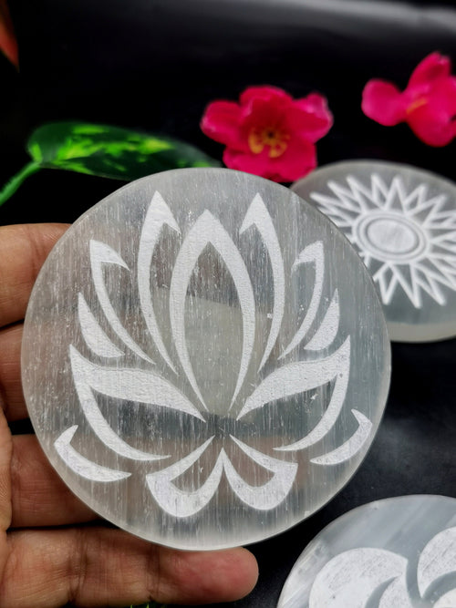 Coasters made with Selenite - set of 5 - home decor carvings in gemstones and crystals - 3 inches and total weight 430 gms (0.95 lb)