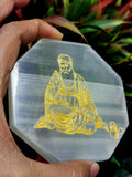 Selenite octagon shaped coaster of Gurunanak - home decor carvings in gemstones and crystals - 3 inches and weight 120 gms (0.26 lb)