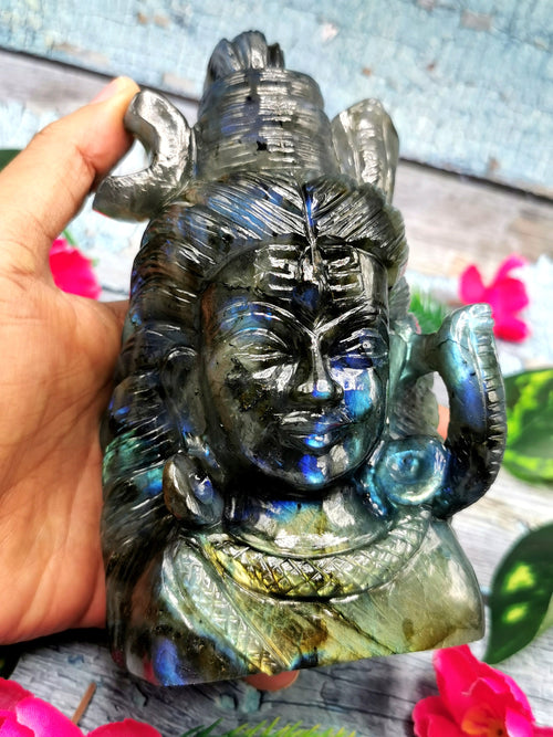 Carving of Lord Shiva made with Labradorite stone - Lord Shivshankar in crystals and gemstones | Reiki/Chakra/Healing/Energy - 6 inches and 1.16 kgs