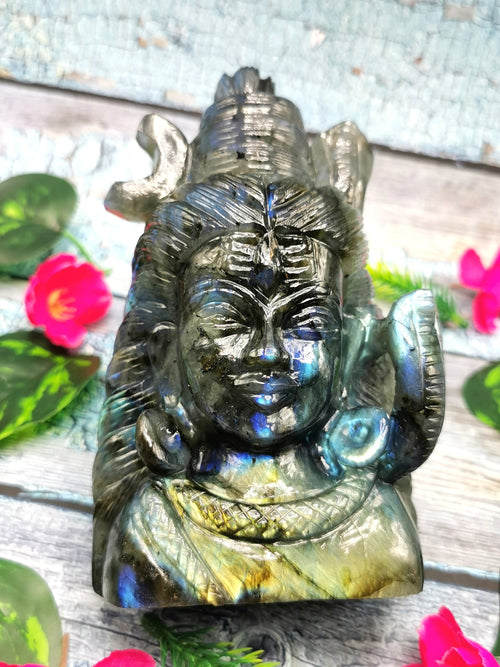 Carving of Lord Shiva made with Labradorite stone - Lord Shivshankar in crystals and gemstones | Reiki/Chakra/Healing/Energy - 6 inches and 1.16 kgs