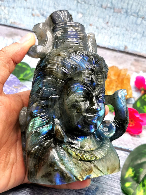 Carving of Lord Shiva made with Labradorite stone - Lord Shivshankar in crystals and gemstones | Reiki/Chakra/Healing/Energy - 6 inches and 1.16 kgs