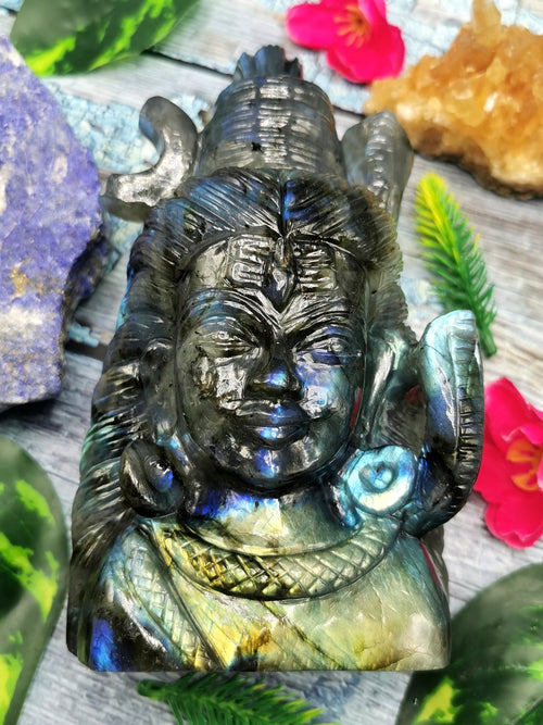 Carving of Lord Shiva made with Labradorite stone - Lord Shivshankar in crystals and gemstones | Reiki/Chakra/Healing/Energy - 6 inches and 1.16 kgs