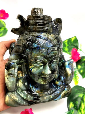 Gemstone Labradorite Shiva carving  - Lord Shivshankar in crystals and gemstones | Reiki/Chakra/Healing/Energy - 6 inches and 1.85 kgs