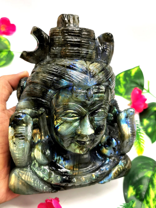 Gemstone Labradorite Shiva carving  - Lord Shivshankar in crystals and gemstones | Reiki/Chakra/Healing/Energy - 6 inches and 1.85 kgs