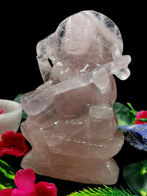 Saraswati carving in rose quartz stone - Goddess of Learning idol/statue in gemstones and crystals -6.5 in and 1.28 kgs (2.82 lb)