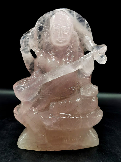 Saraswati carving in rose quartz stone - Goddess of Learning idol/statue in gemstones and crystals -6.5 in and 1.28 kgs (2.82 lb)