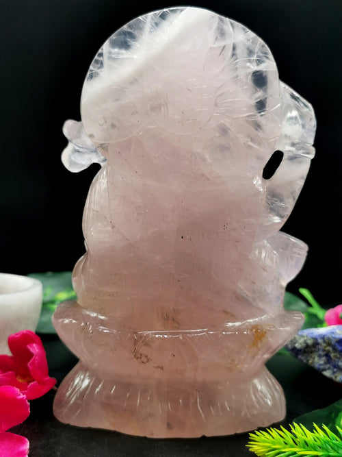 Saraswati carving in rose quartz stone - Goddess of Learning idol/statue in gemstones and crystals -6.5 in and 1.28 kgs (2.82 lb)
