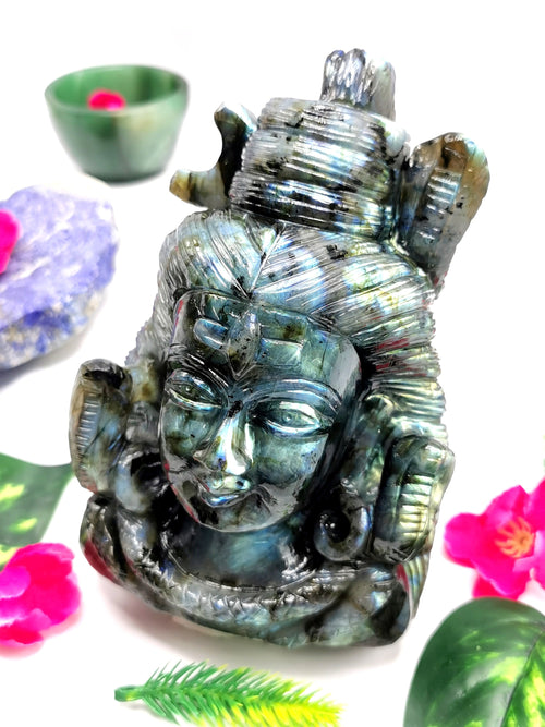 Handmade Shiva Carving in Labradorite Gemstone - Lord Shivshankar in crystals and gemstones | Reiki/Chakra/Healing/Energy - 6 inches and 1.55 kgs