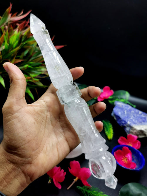 Clear Quartz (Spathik) carving of a traditional phurba - Carvings in gemstones and crystals - 10 inches and 330 gms (0.73 lb)