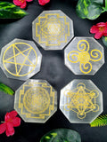 Crystal Selenite octagon shaped coaster set of 5 - home decor carvings in gemstones and crystals - 3 inches and total weight 560 gms (1.23 lb)