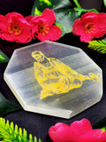 Selenite octagon shaped coaster of Gurunanak - home decor carvings in gemstones and crystals - 3 inches and weight 120 gms (0.26 lb)