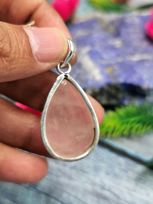 Natural Rose Quartz Pendant in German Silver with 2 micron silver coating - crystal/gemstone jewelry| Mother's Day/birthday/engagement/wedding/anniversary gift