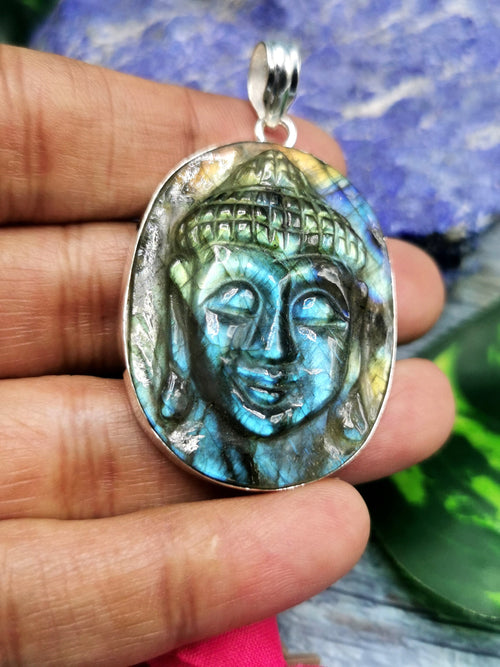 Buddha carving Pendant in flashy labradorite in German Silver - crystal/gemstone jewelry| Mother's Day/birthday/engagement/wedding/anniversary gift