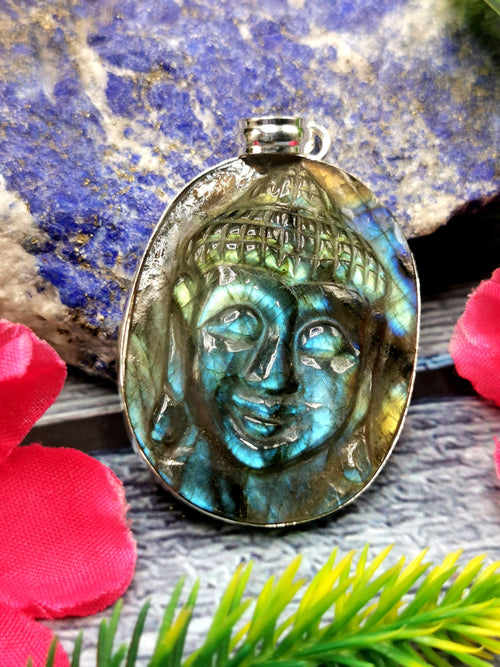 Buddha carving Pendant in flashy labradorite in German Silver - crystal/gemstone jewelry| Mother's Day/birthday/engagement/wedding/anniversary gift