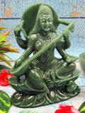 Exquisite handmade Saraswati carving in Columbian jade stone - Goddess of Learning idol/statue in gemstones and crystals - 6 in and 990 gm (2.18 lb)